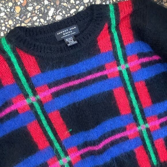 Vintage 80s 90s fuzzy mohair plaid Shorty cropped sweater sz M - Picture 5 of 5